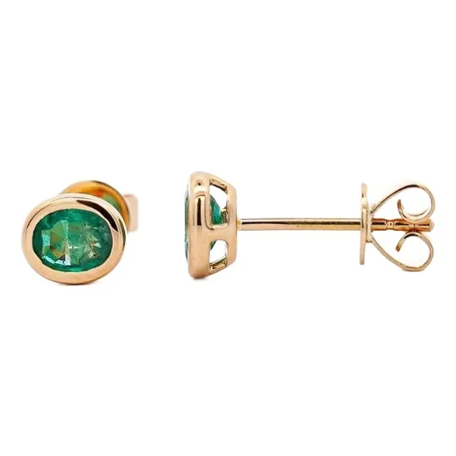 0.50 Carat Oval Emerald Bezel Set 18k Gold Stud Earrings, A Pair