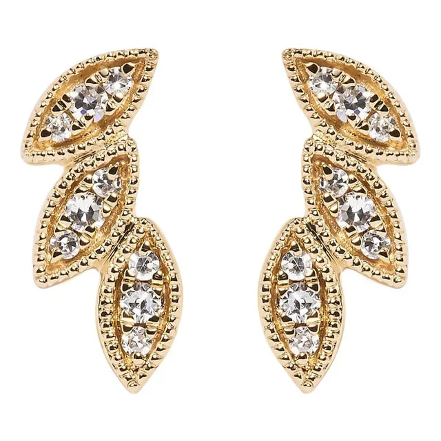 10K Yellow Gold 1/10 Cttw Diamond Triple Leaf Stud Earring (H-I Color, I1-I2 Clarity)