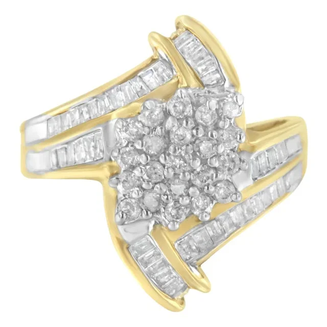10K Yellow Gold Round and Baguette-Cut Diamond Bypass Cluster Ring (1.0 Cttw, I-J Color, I1-I2 Clarity) – Size 8