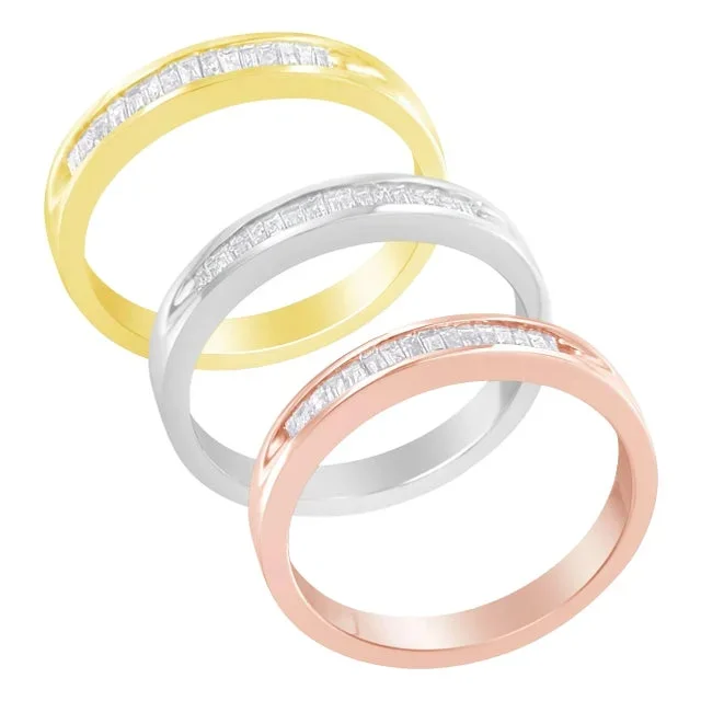 10K Yellow, White and Rose Gold over .925 Sterling Silver 5/8 Cttw Diamond Channel-Set Stackable Band Ring Set (H-I Color, I1-I2 Clarity) – Size 6 3/4