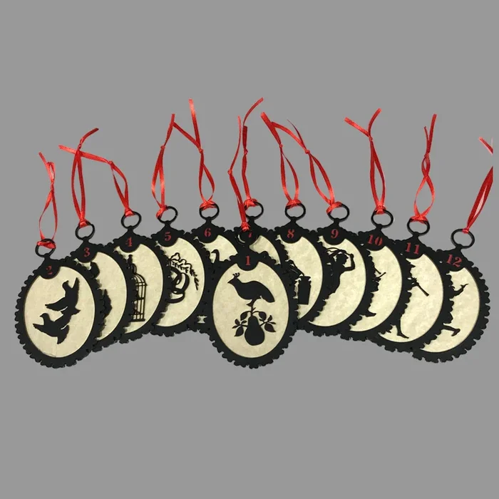 12 Days of Christmas Silhouette Ornaments with Red Ribbon