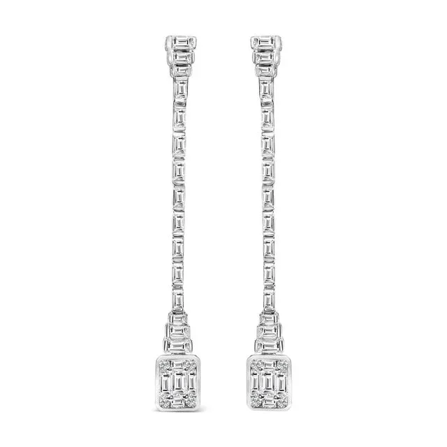 14K White Gold 1 1/2 Cttw Baguette Diamond Composite Mosaic 2″ Inch Drop Earrings (E-F Color, VS1-VS2 Clarity)