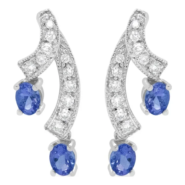 14K White Gold 4x3MM Oval Shaped Natural Blue Tanzanite Gemstone and 1/5 Cttw Diamond Double 3/4″ Inch Drop Stud Earrings (H-I Color, VS1-VS2 Clarity)