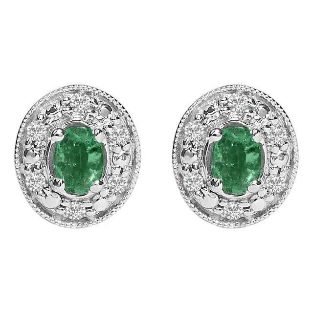 14K White Gold Oval Green Emerald and 1/10 Cttw Diamond Halo Stud Earrings (I-J Color, I1-I2 Clarity)