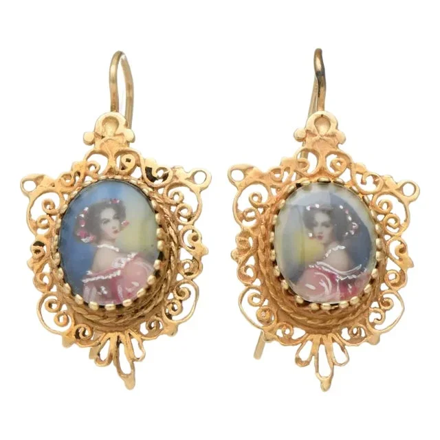 14KY Vintage Reverse Painted Portrait Earrings, 2 pieces
