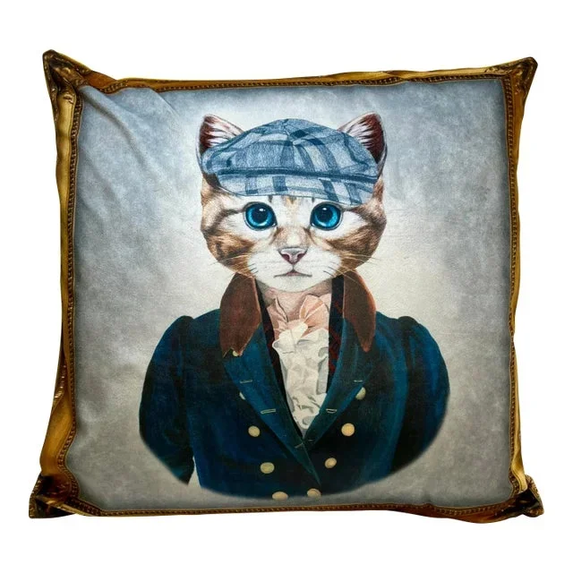 16″ Square Decorative Throw Pillow Adorned With the Portrait of a Cat Depicted as an English Gentleman – Made in the U K