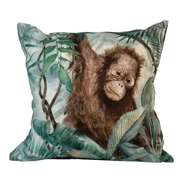 16″ Square Decorative Toss Pillow Embellished With a Playful Young Orangutan /Monkey in the Jungle – Made in the U K