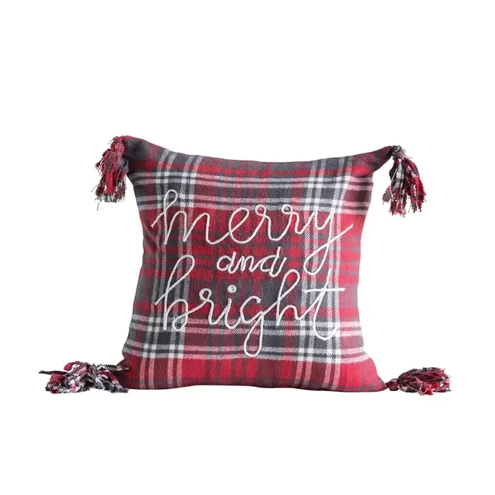 18″ Plaid Cotton Pillow with Embroidery & Tassels XM3565 by Creative Co-Op at Old Brick Furniture & Mattress Co.