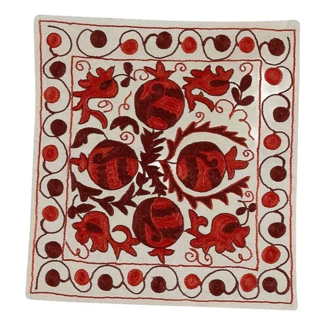 18″x19″ Uzbek Suzani Pillowcase. Embroidered Cotton & Silk Cushion Cover