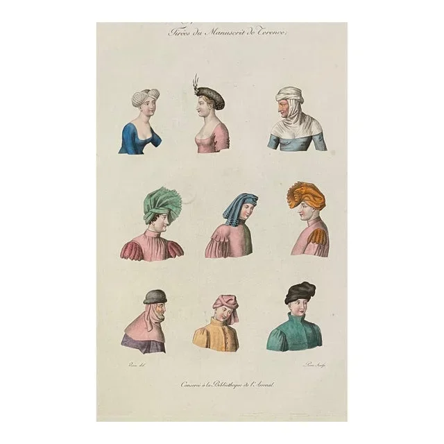 1825 French Hairstyles and Head Dresses of the 14th Century Engraving