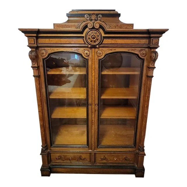 1880s Victorian Renaissance Revival Walnut and Burl Bookcase by Robert Renwick & Sons of Baltimore