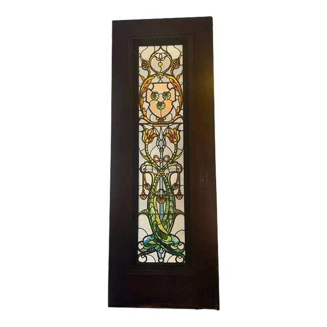1890s John La Farge Stained Glass Door, Three Shells in Shield, With Dolphins & Pomegranate Motif