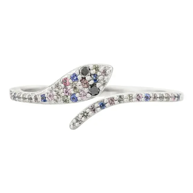 18k White Gold Open Face Multi Sapphire and Diamond Snake Ring Size 7