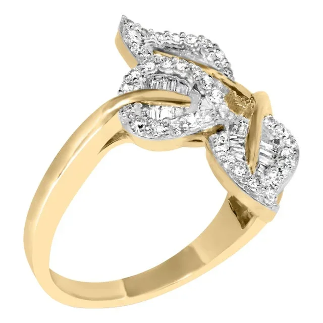 18K Yellow and White Gold Plated .925 Sterling Silver 3/8 Cttw Baguette and Round Diamond Bypass Triple Leaf Ring (I-J Color, I1-I2 Clarity) – Size 6