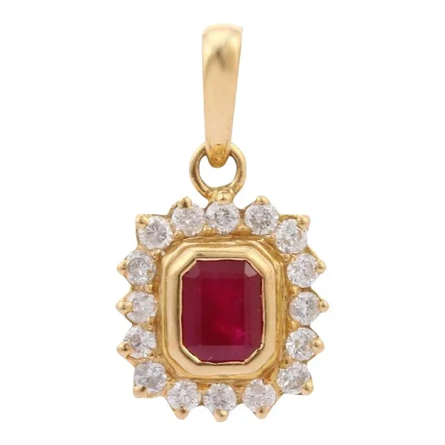 18k Yellow Gold Natural Ruby Pendant Necklace With Halo of Diamonds