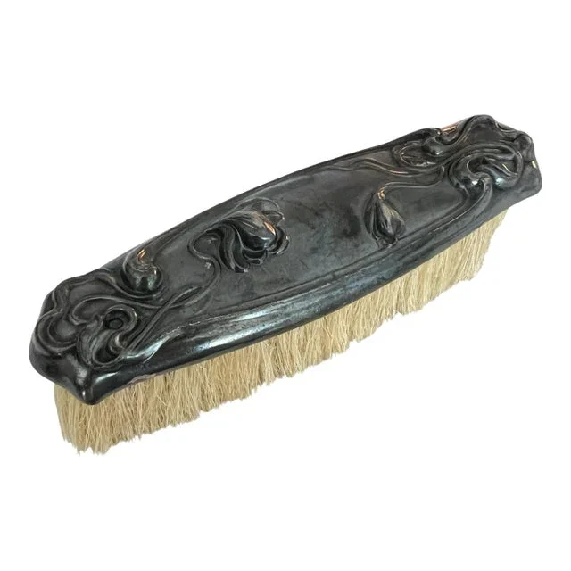1904 Antique Vanity Valet Brush Silver Plate Repouseé Floral Motif Horse Hair Bristles