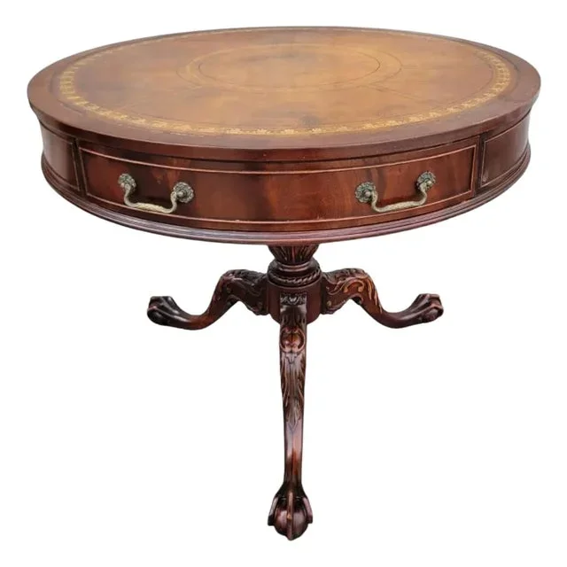 1910s Antique English Chippendale Style Mahogany Leather Top Center Table American Made