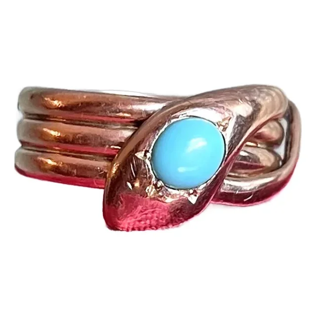 1911 Edwardian Chester 9k Gold Snake Ring With Turquoise
