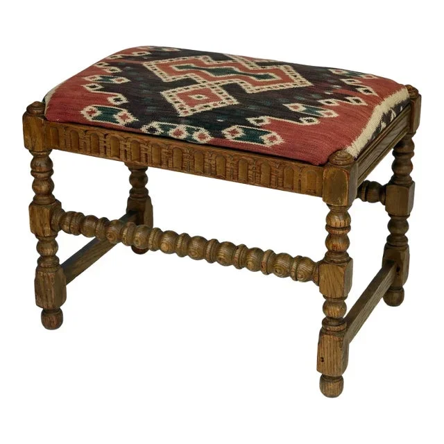 1920s Antique Wooden Bench With Antique Iktat Fabric
