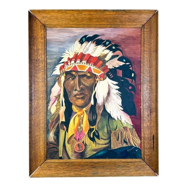 1924 Native American Chief Portrait – Gouache & Watercolor on Board – Signed Kremer