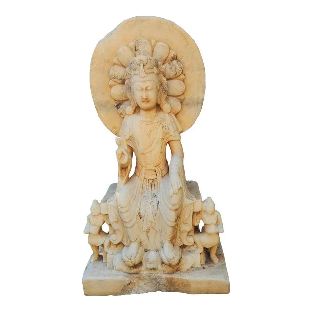 1930s Carved Marble Quan Yin Buddha Garden Statue
