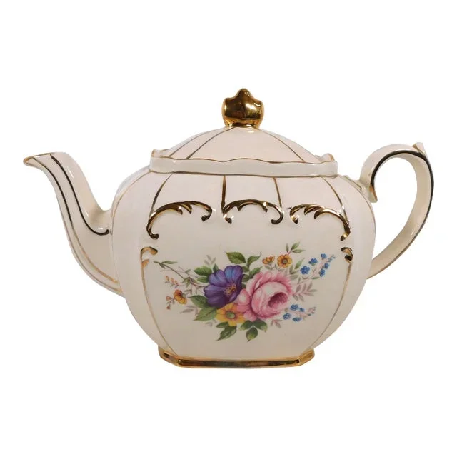 1930s Sadler Cream Floral Teapot With Gold Trim