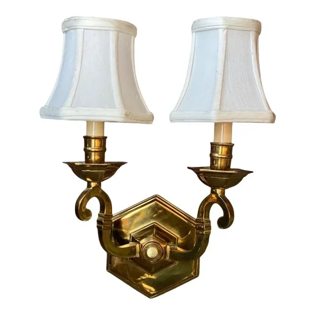 1930s Traditional Solid Brass Wall Sconce With Lampshades 2 Light