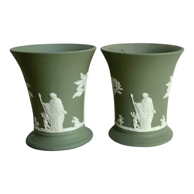 1930s Wedgwood Sage Green Jasperware Goddess Urn Vases- a Pair