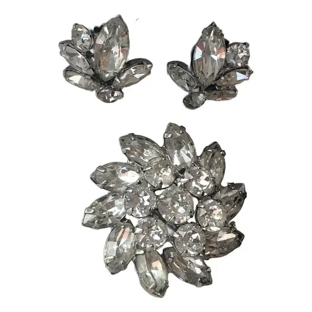 1940s Weiss Crystal Earrings / Brooch Jewelry Set – 3 Pieces