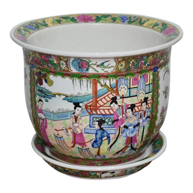 1950s Chinese Export Rose Medallion Flowerpot Jardiniere Planter W/Drainage Underplate