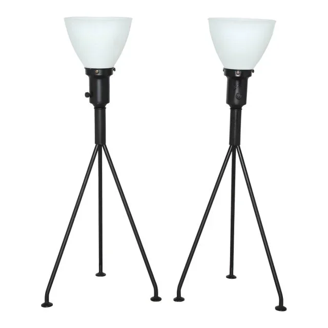 1950s Gerald Thurston Attributed Iron Tripod Table Lamps With White Glass Shades – A Pair