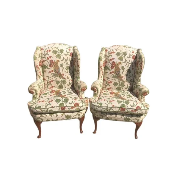 1950s Henredon Mohair and Crewel Wingback Mid Century Chairs – Set of 2