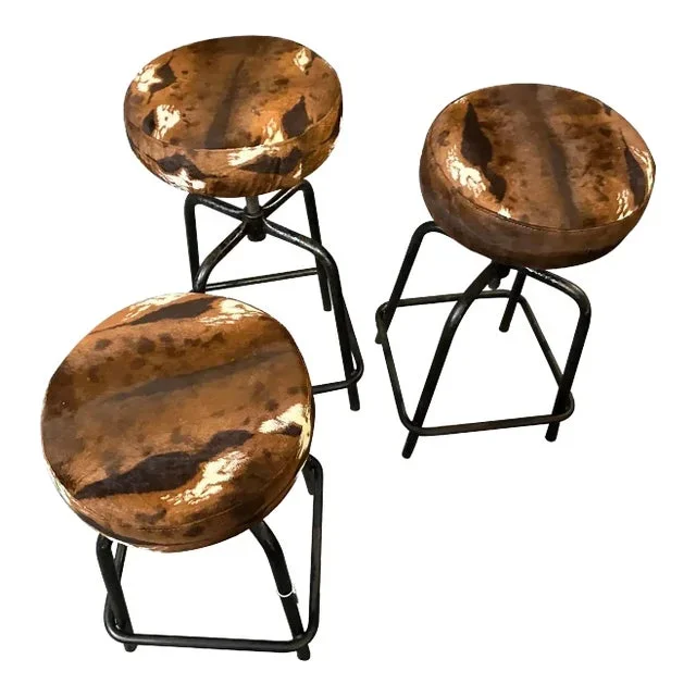 1950s Industrial Iron and Fabric Italian Adjustable Footstools – Set of 3