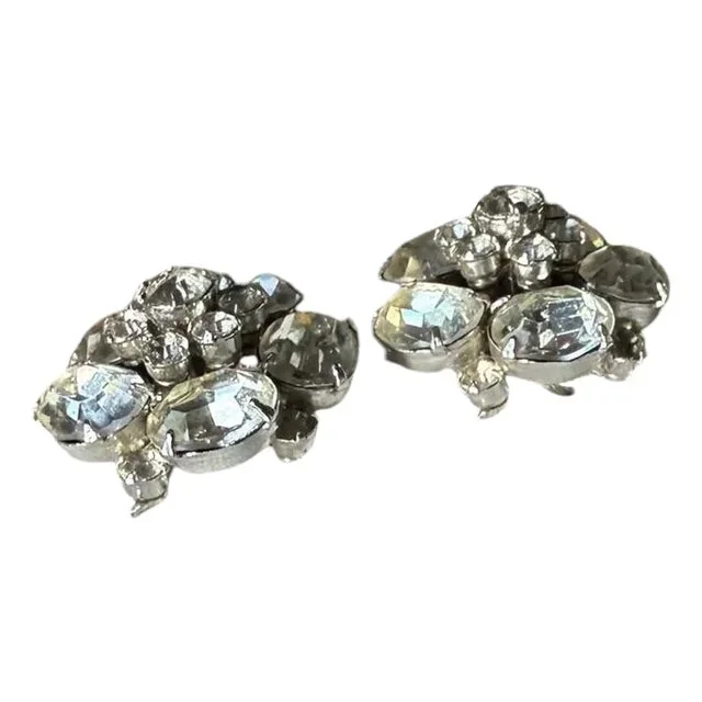 1950s Vintage Coro Faux Diamond Cluster Clip on Earrings, A Pair