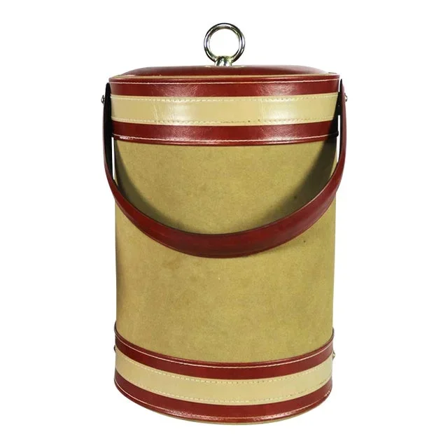 1960 -1970 Mid Century Modern Ice Bucket Signed George Briard Tan & Rust Faux Suede Leather