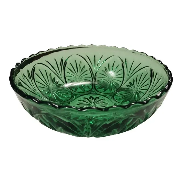 1960s Anchor Hocking Medallion Winter Green Glass Serving Bowl