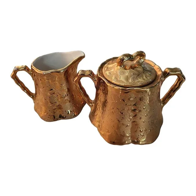 1960s Bel Terr China Creamer + Sugar Set Weeping Gold 22kt