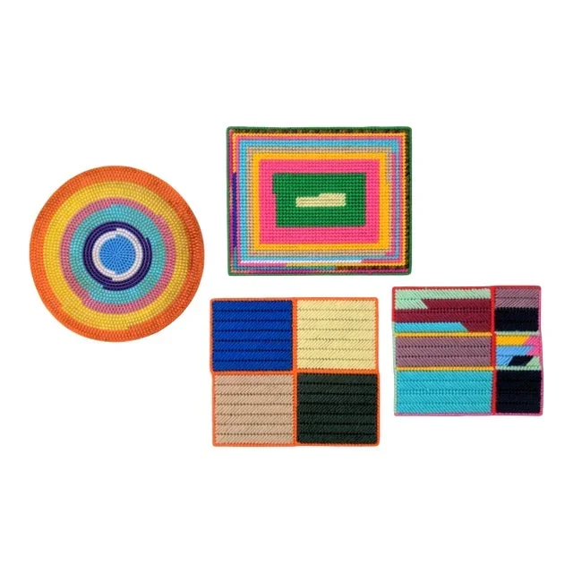 1960s Cross Stitch Hot Plate Mats in the Style of Frank Stella – Set of 4