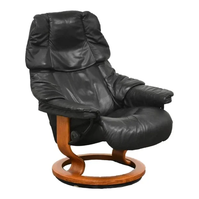 1960s Ekornes Stressless Black Leather Recling Chair