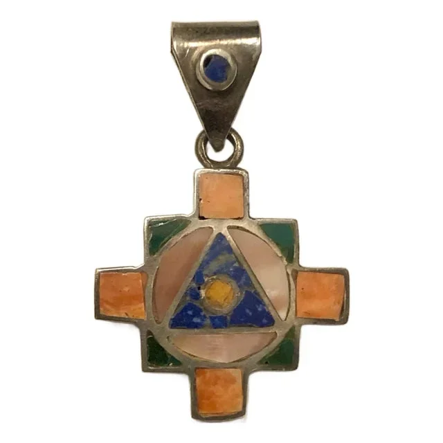 1960s Geometric Lapis, Turquoise, Spiny Oyster, 950 Cross Pendant