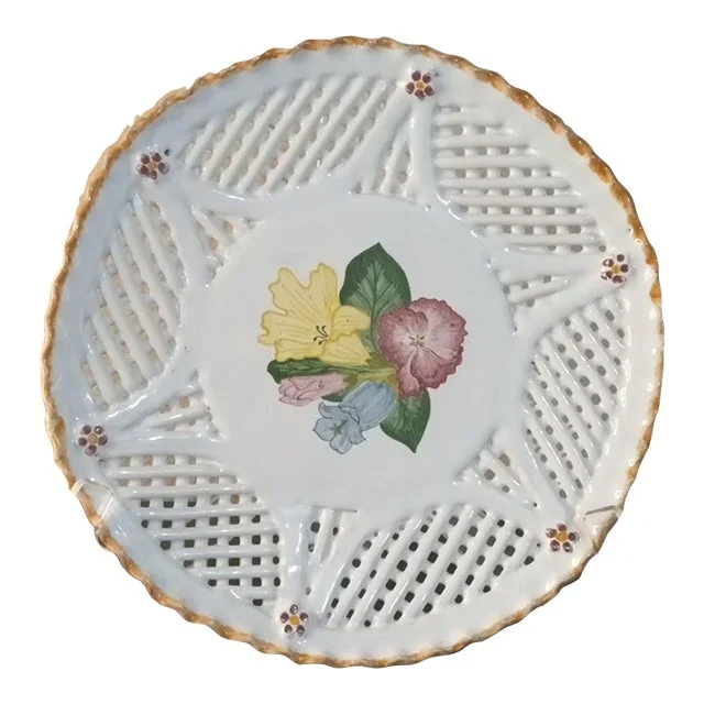 1960s Hand Painted Reticulated Lattice Plate Made in Portugal