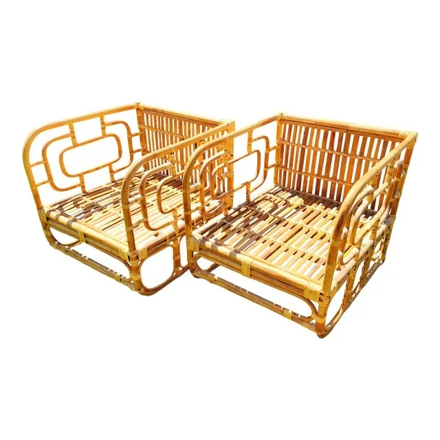 1960s Handcrafted Natural Bamboo Wood Slat Rattan Patio Chairs – Set of 2