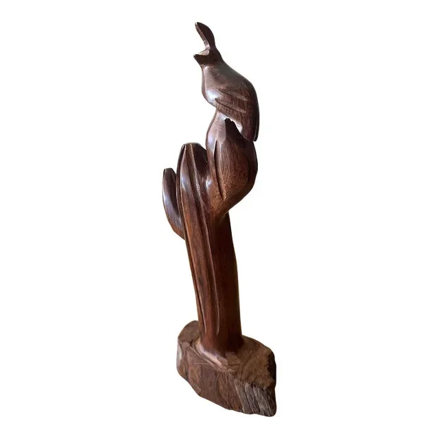 1960s Ironwood Saguaro and Quail Sculpture