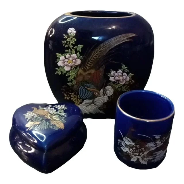 1960s Kutani Cobalt Blue Set, Made in Japan- 3 Pieces