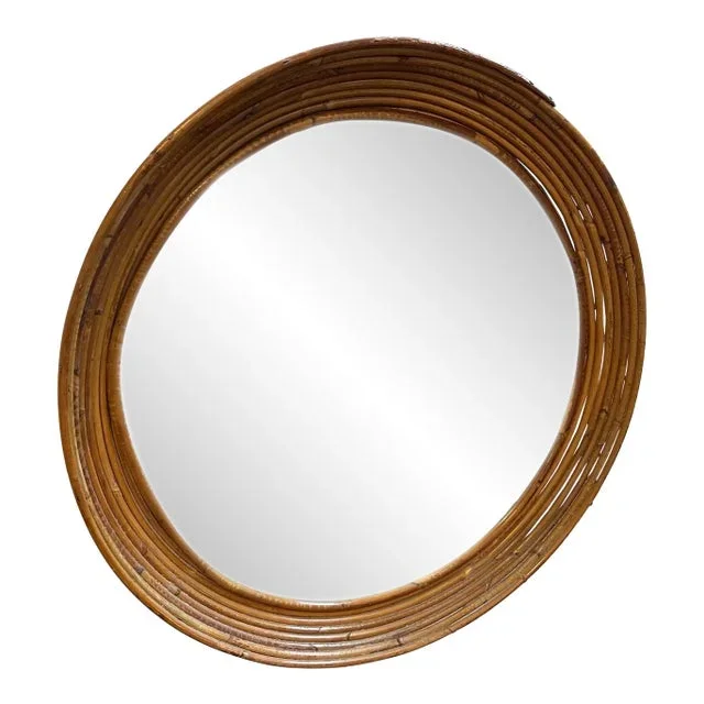 1960s Mid-Century Modern Rattan Frame Round Italian Wall Mirror by Vivai Del Sud