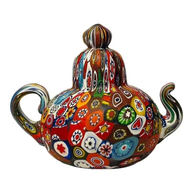 1960s Murano Style Millefiori Glass Teapot Paperweight