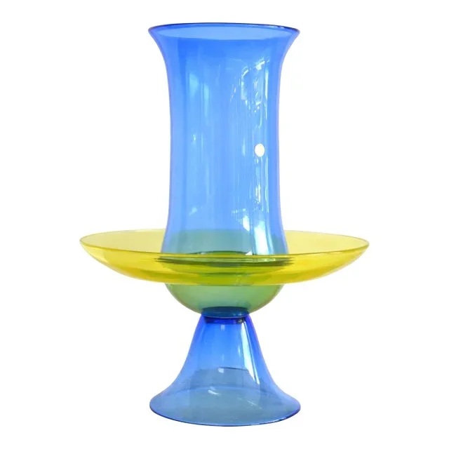1960s Seguso Italy Blue & Yellow Murano Art Glass Vase