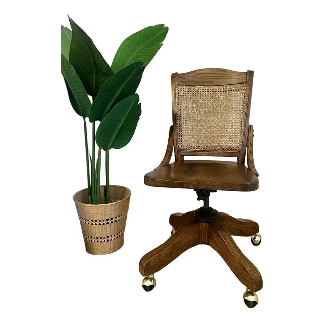 1960s Vintage Cane Back Bankers Swivel Chair