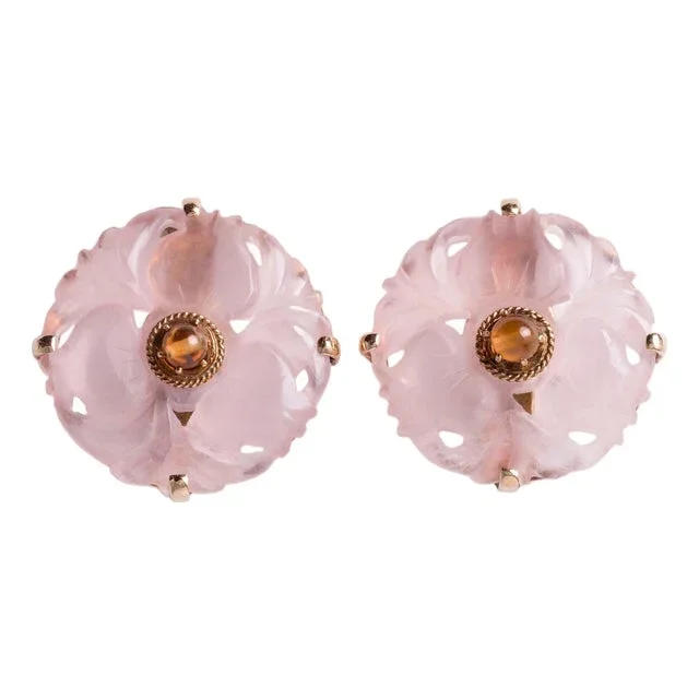 1960s Vintage Floral Carved Rose Quartz & Citrine Clip-on Earrings in 14k Yellow Gold- 2 Pieces