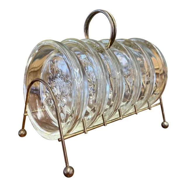 1960s Vintage Mid Century Modern Style Glass Coaster in Hollywood Regency Style Caddy- 6 Pieces